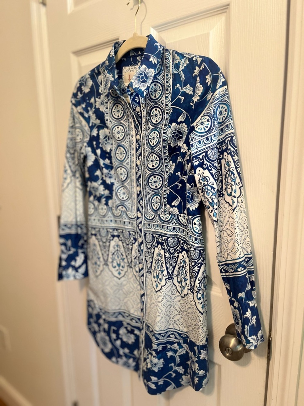 Anthro Blue White Tile Print Shirt Dress XS Button Down Coastal Preppy Chic - Picture 8 of 12
